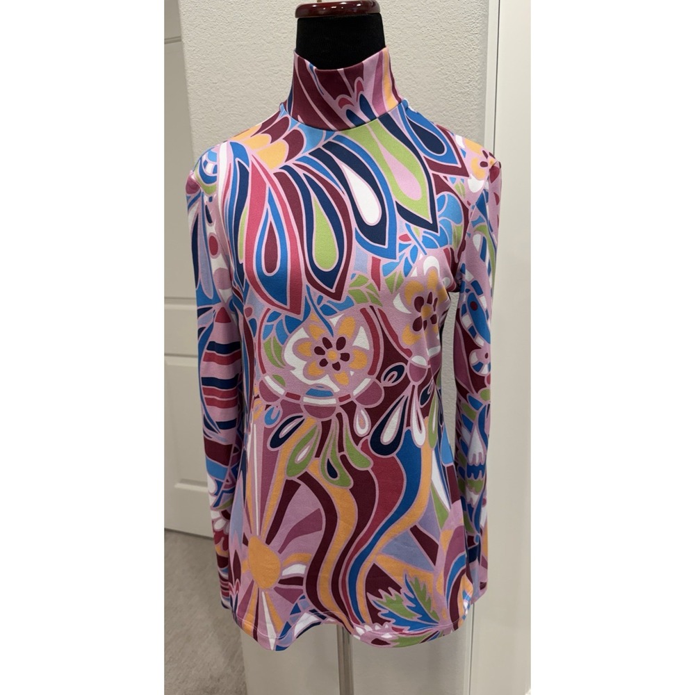 Lesley Evers Colorful Psychedelic Mock Neck Long Sleeve Top S Retro Made in USA